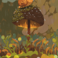 Holographic art print of a snail with a cat face on a glowing mushroom in a rainy forest scene.