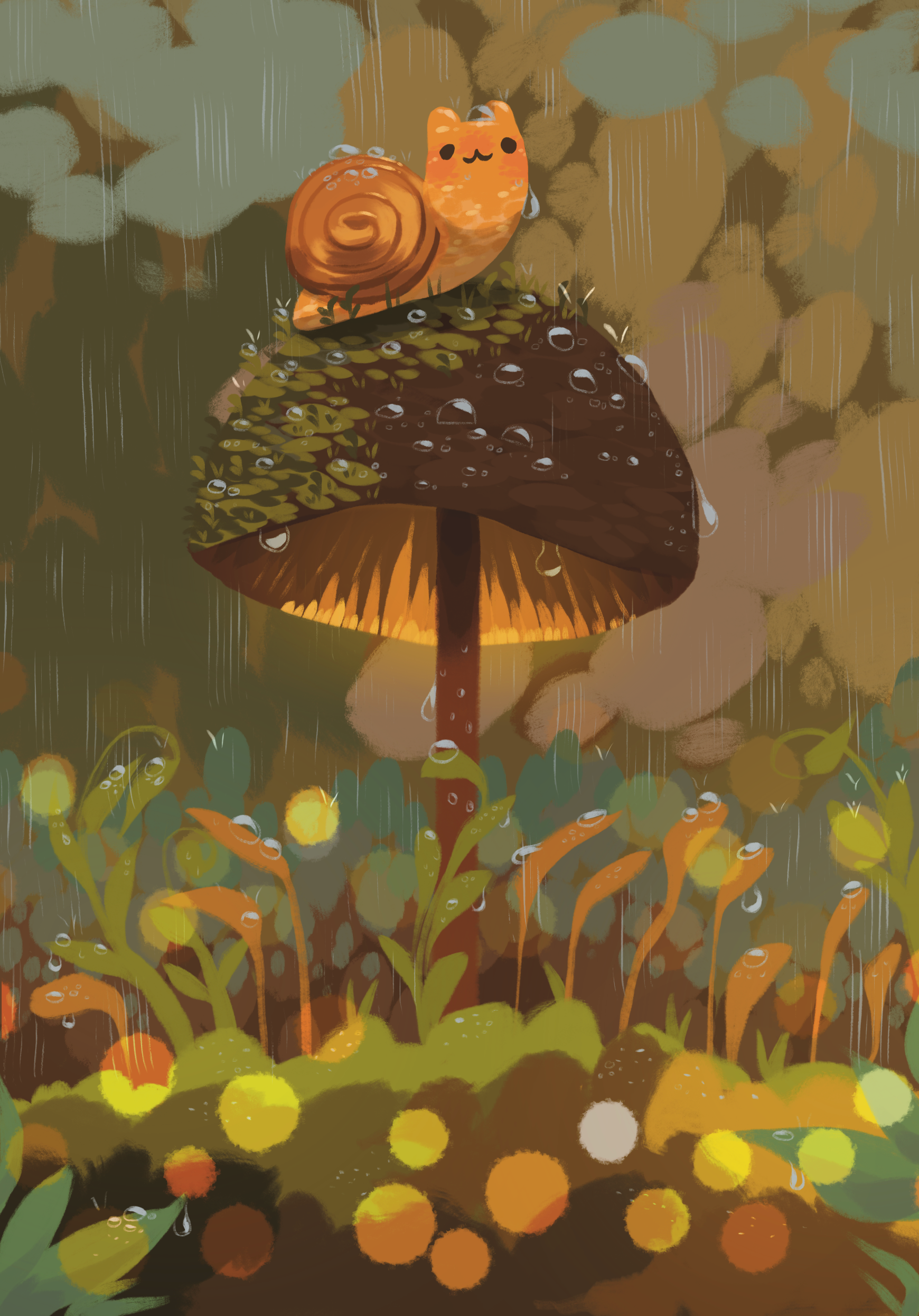 Holographic art print of a snail with a cat face on a glowing mushroom in a rainy forest scene.